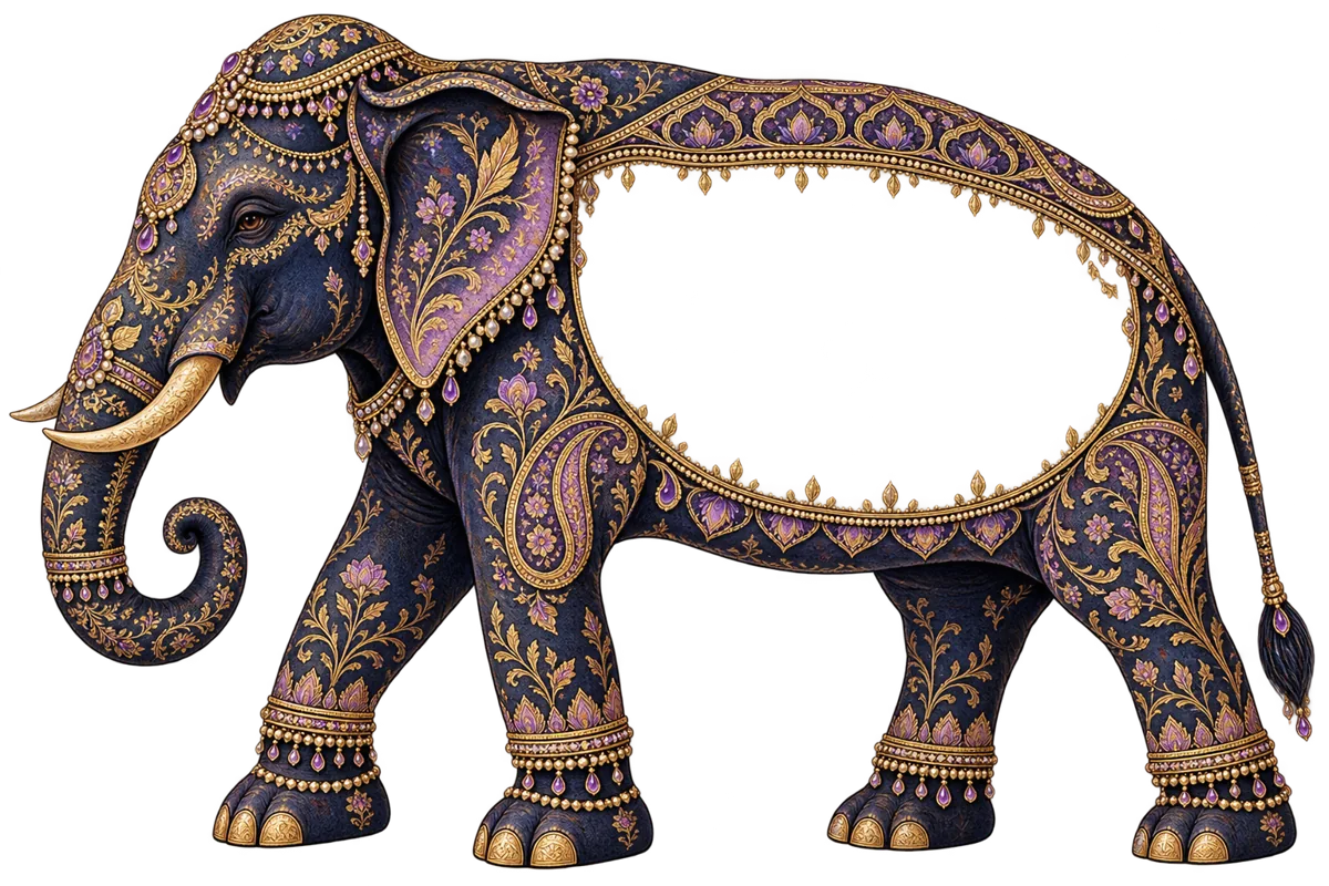 An ornate painted elephant — the elephant in the room.