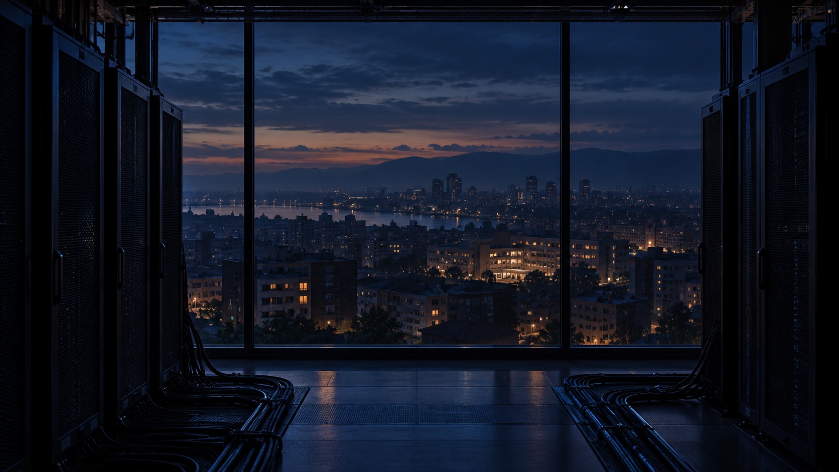 Unlit server racks frame a city at dusk, where scattered windows remain illuminated.