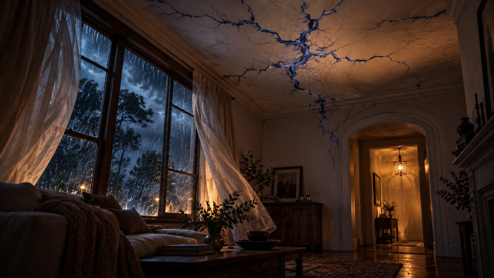 Blue cracks spread across a plaster ceiling during a storm, with a warmly lit doorway beyond.