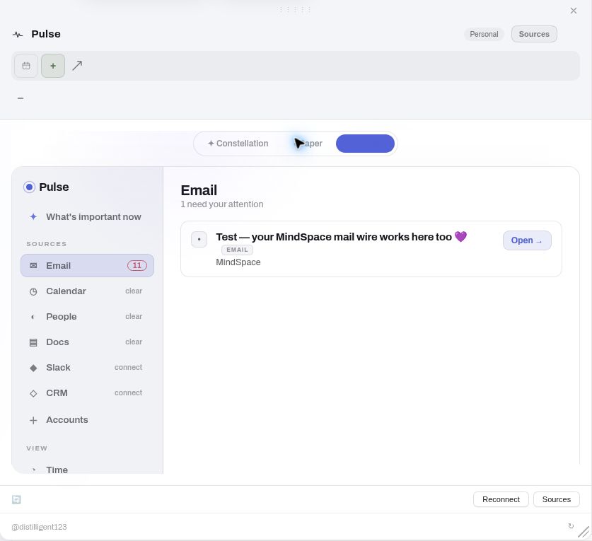 Pulse in the MindSpace test account, showing Email selected, one test email, and navigation for connected sources.